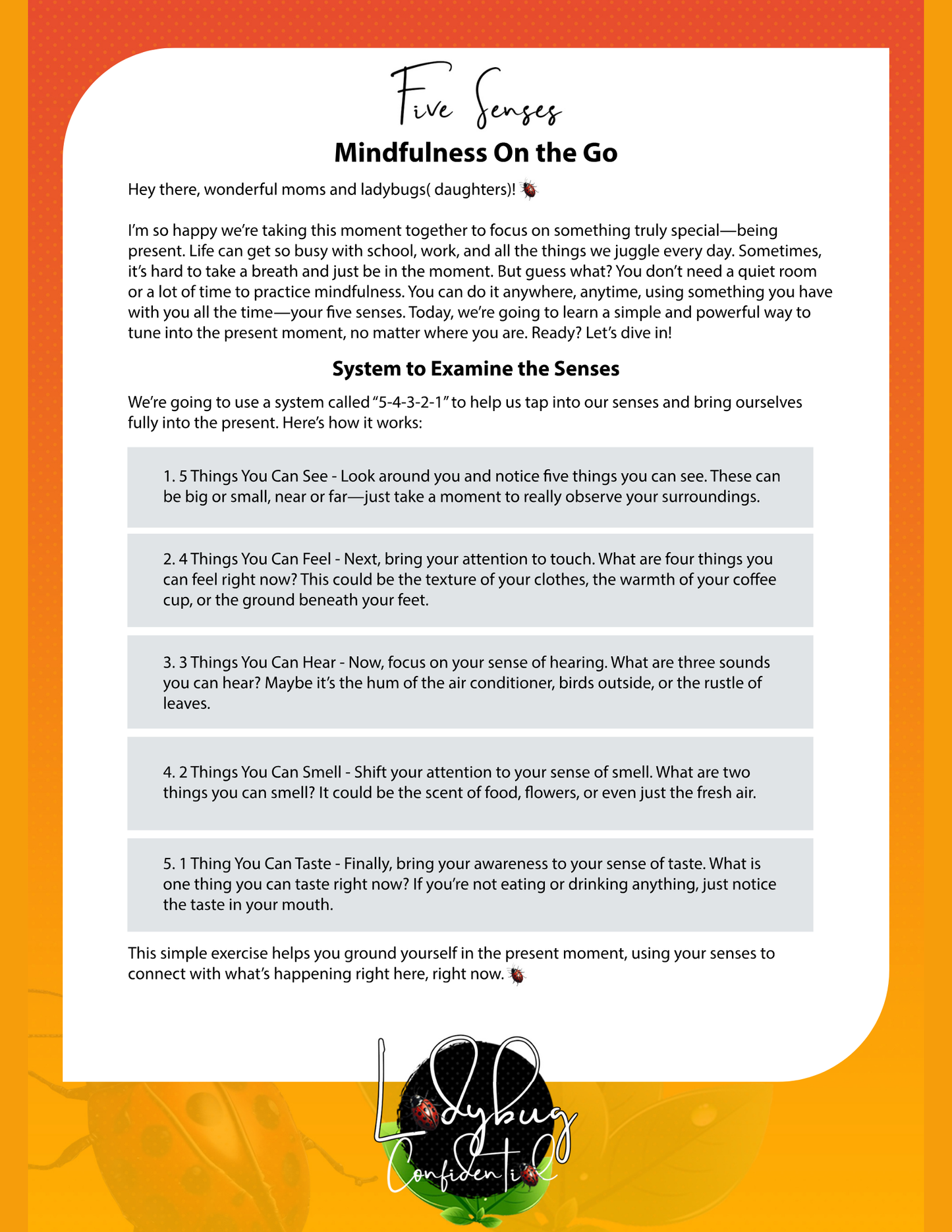 Five Senses on the Go: A Mindfulness Mini-Reset for Busy Ladybugs 🐞✨