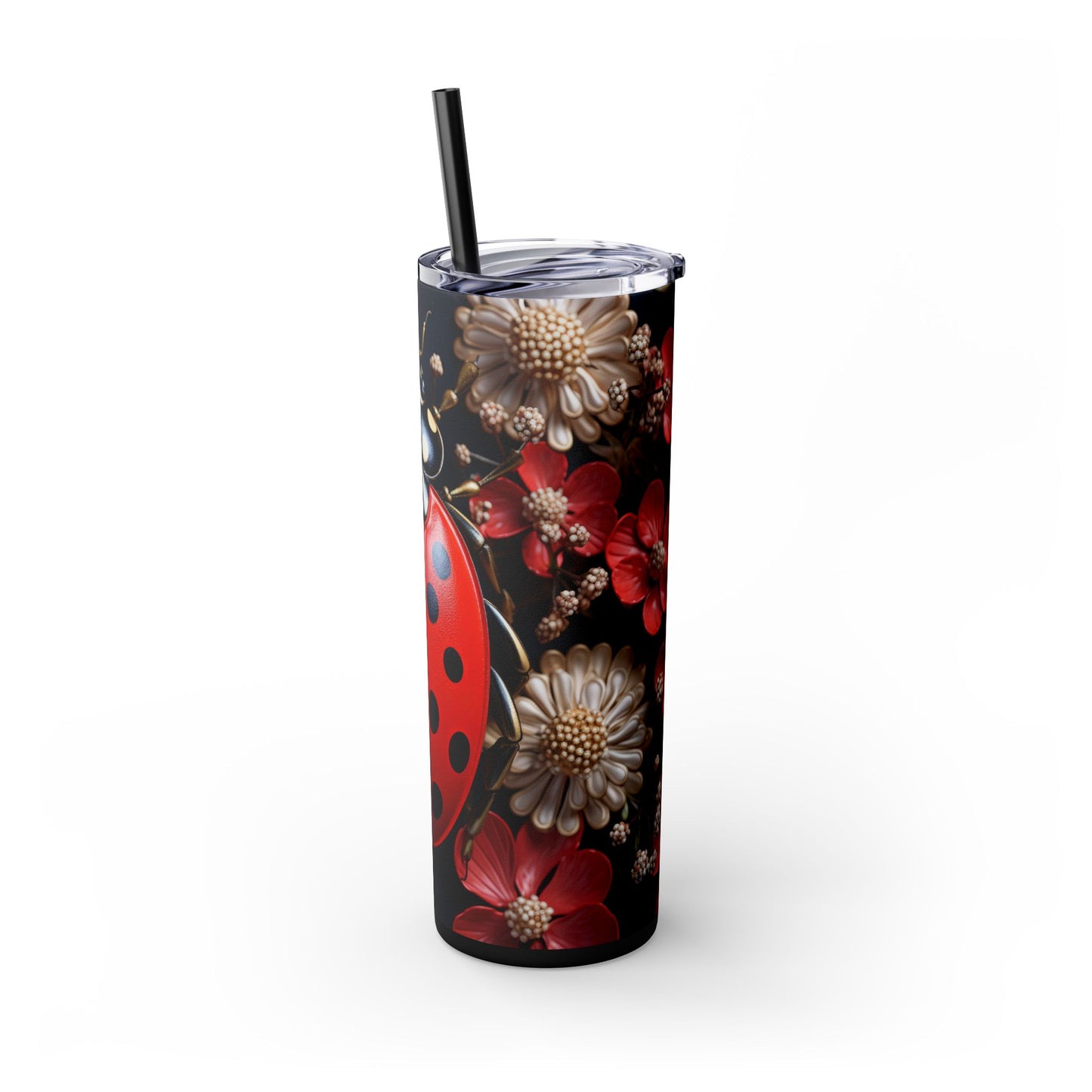 Ladybug on a Bed of Red and Ash Flowers - Skinny Tumbler 20oz