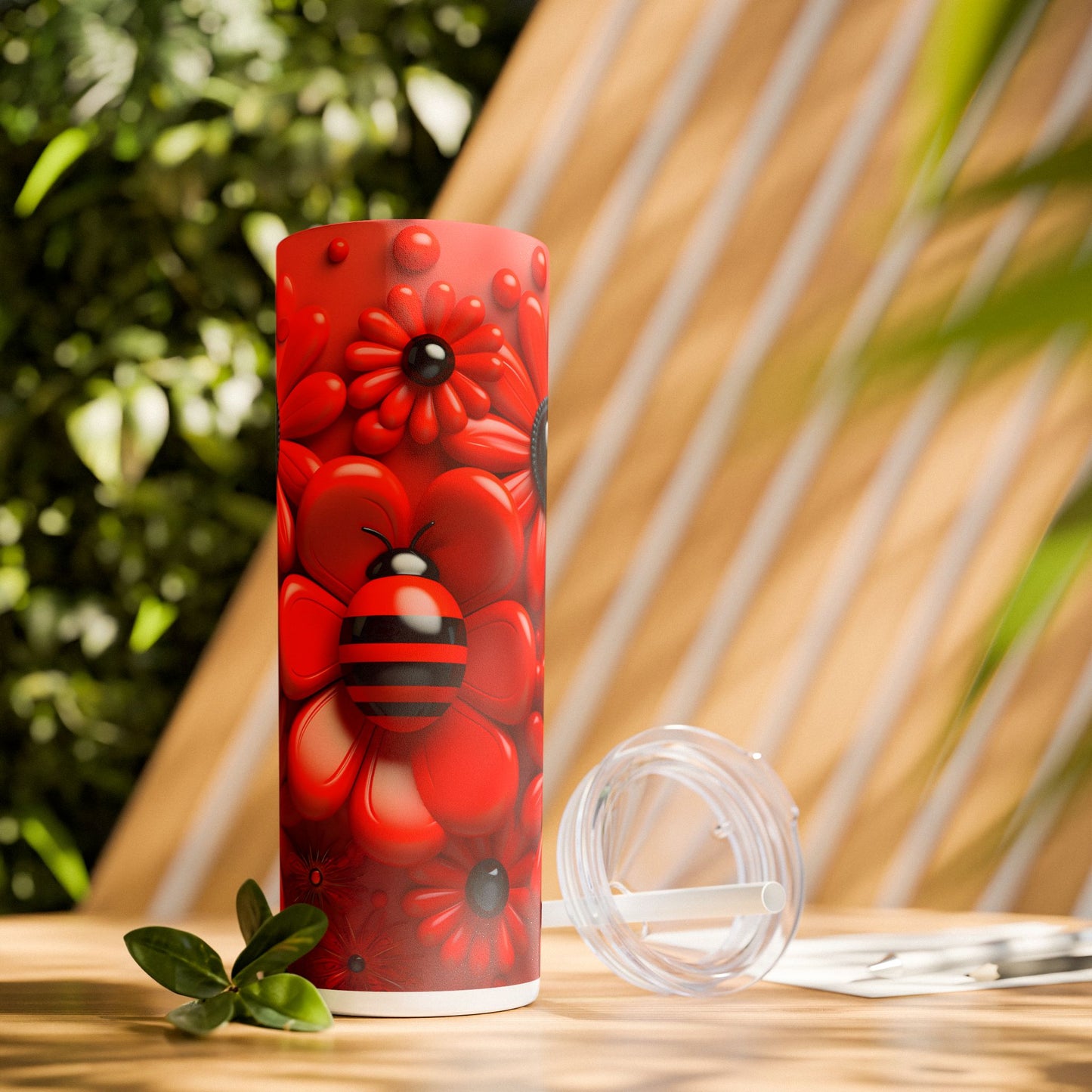 Ladybug in Vibrant Red Flowers - Skinny Tumbler 20 oz
